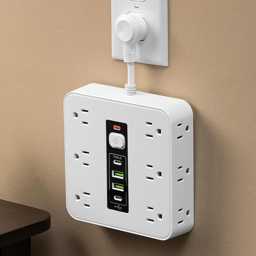 16-In-1 Power Strip with American Standard AC Outlet, Surge Protection, Compatible with Voltage from 100–240 V, 59" Cable Length, Features 12 AC Outlets, 2 USB, and 2 Type-C Ports, Front-Facing Plug, Suitable for Home Electronics