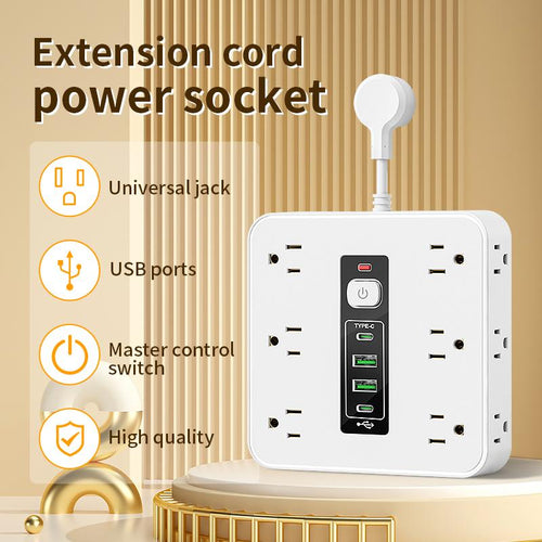 16-In-1 Power Strip with American Standard AC Outlet, Surge Protection, Compatible with Voltage from 100–240 V, 59" Cable Length, Features 12 AC Outlets, 2 USB, and 2 Type-C Ports, Front-Facing Plug, Suitable for Home Electronics